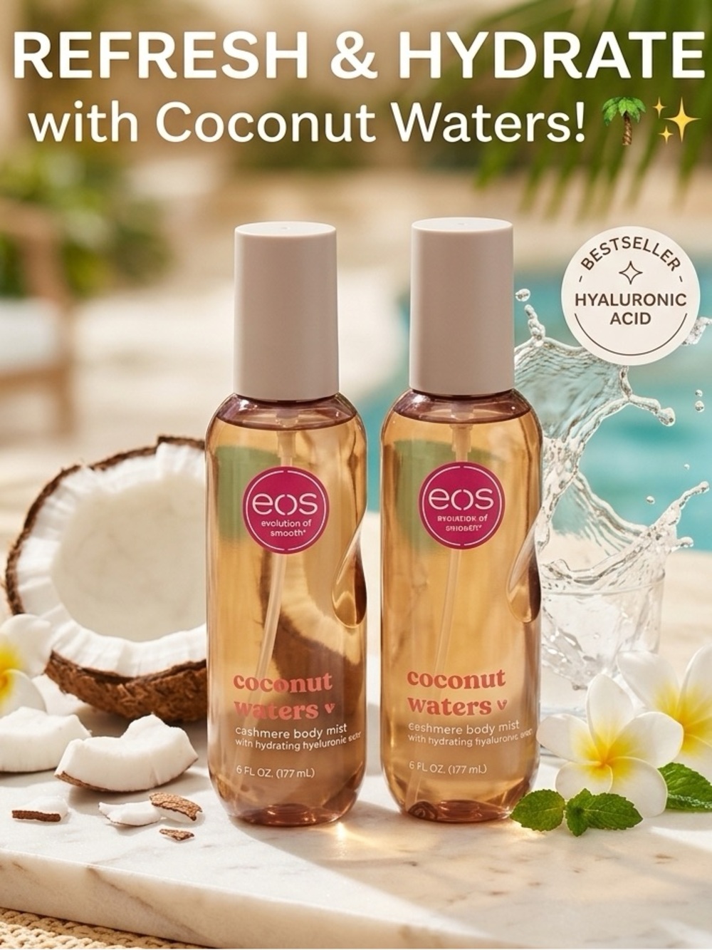 EOS Cashmere Body Mist with hydrating hyaluronic acid - COCONUT WATERS - 177 mL